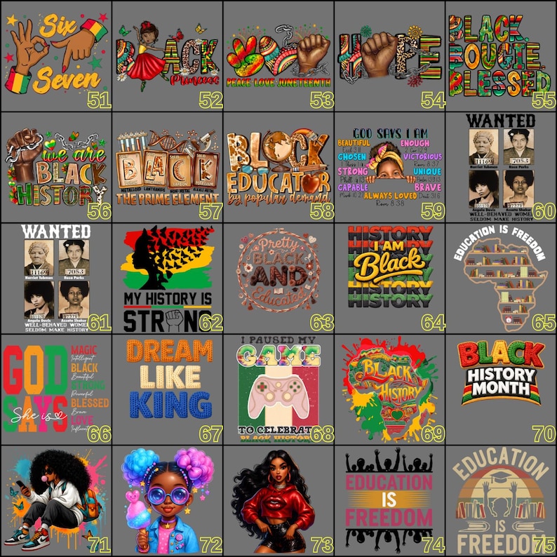 May include: A collection of graphic designs with themes related to Black history and culture. The designs include text such as "Black Princess", "Black Educator", "My History Is Strong", and "Black History Month". The images feature illustrations and typography.