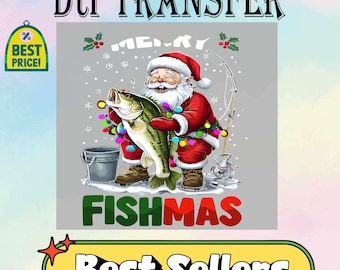 May include: A graphic featuring Santa Claus holding a large fish, with the words "FISHMAS" in green and red. The image includes the text "Merry" and is decorated with Christmas lights and snowflakes. The image also includes the text "Best Price!" and "Best Sellers".
