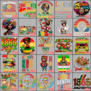 May include: A collection of Juneteenth-themed graphic designs on t-shirts and other merchandise. The designs feature text, illustrations, and symbols related to freedom, heritage, and Black culture. Colors include red, green, yellow, and black.