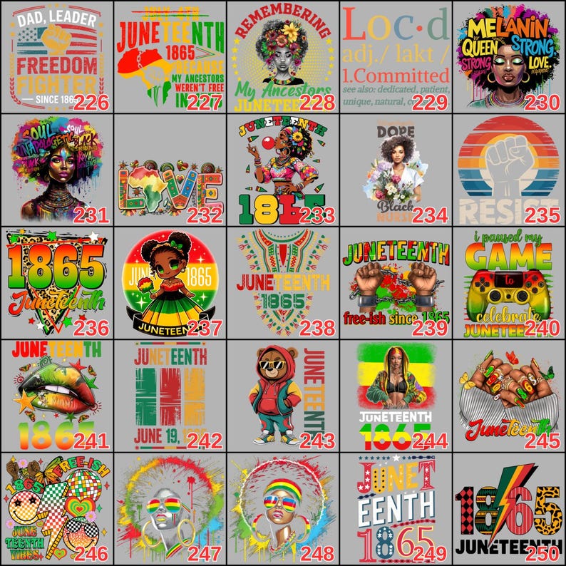 May include: A collection of Juneteenth-themed graphic designs on t-shirts and other merchandise. The designs feature text, illustrations, and symbols related to freedom, heritage, and Black culture. Colors include red, green, yellow, and black.