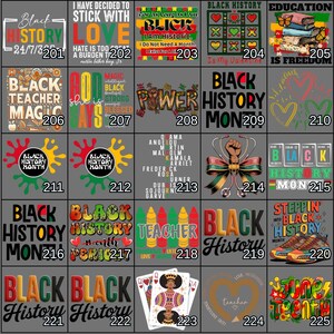 May include: A collection of graphic designs with themes related to Black History Month. The designs include text such as "Black History," "Love," "Power," and "Teacher." Some designs feature hearts, stars, and other decorative elements. The designs are displayed on a gray background.