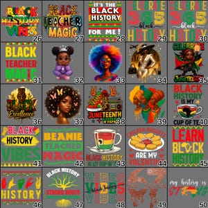 May include: A collection of graphic designs on gray t-shirts. The designs feature text and illustrations related to Black history, Juneteenth, and education. The color palette includes black, green, red, and yellow.