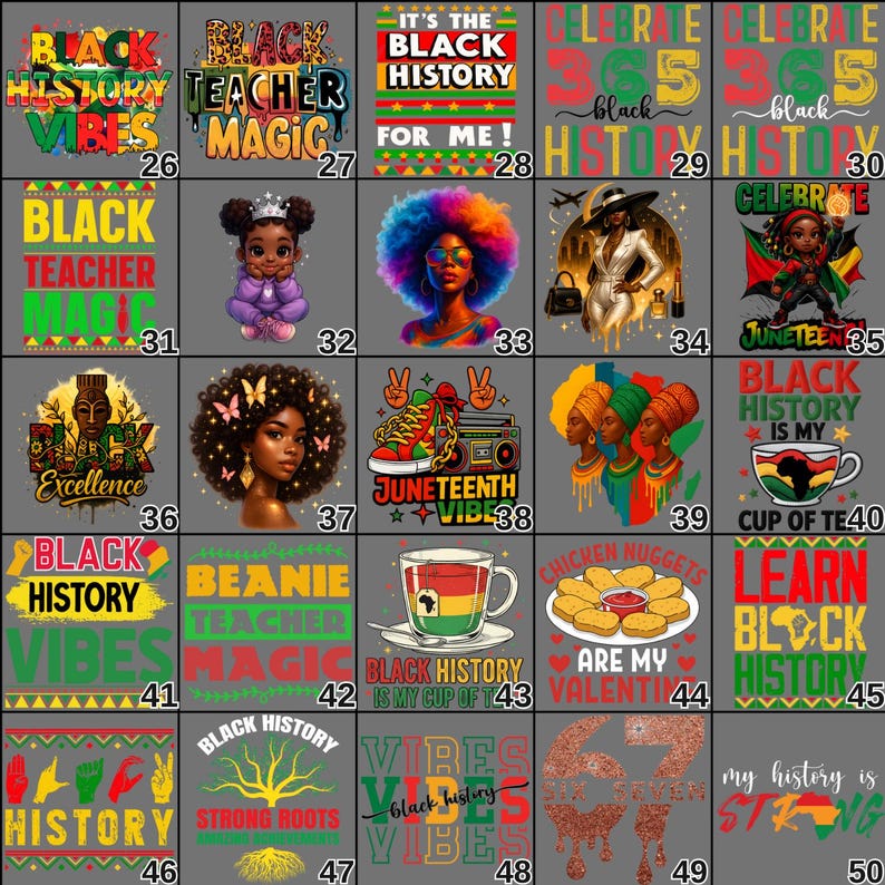 May include: A collection of graphic designs on gray t-shirts. The designs feature text and illustrations related to Black history, Juneteenth, and education. The color palette includes black, green, red, and yellow.