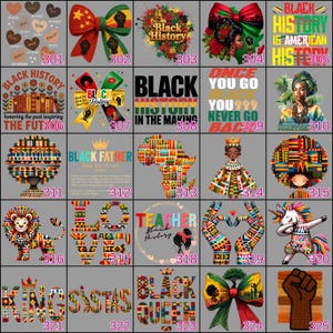May include: A collection of graphic designs with themes of Black history and culture. Designs include bows, portraits, text, and illustrations of Africa, a lion, and a unicorn. Colors include red, green, yellow, and black.