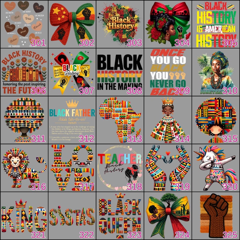 May include: A collection of graphic designs with themes of Black history and culture. Designs include bows, portraits, text, and illustrations of Africa, a lion, and a unicorn. Colors include red, green, yellow, and black.