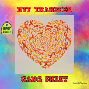 May include: A DTF transfer gang sheet featuring a heart-shaped collage of numerous orange and yellow awareness ribbons. The text DTF TRANSFER appears at the top and GANG SHEET at the bottom in bold red letters against a colorful, abstract background.