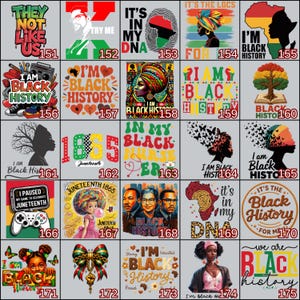 May include: Collection of graphic t-shirt designs with themes of Black history and Juneteenth. Designs include text like "I'm Black History," "Juneteenth 1865," and images of historical figures and cultural symbols.