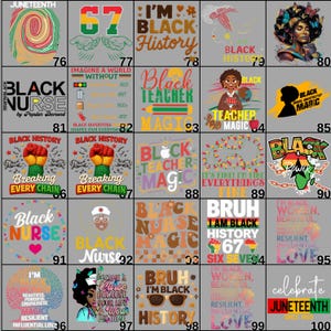 May include: A collection of graphic designs on a gray background, celebrating Black history and culture. The designs include text, illustrations, and symbols related to Juneteenth, Black teachers, nurses, and the Black community.
