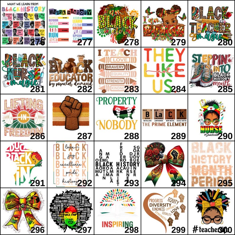 May include: A collection of graphic designs with text and illustrations related to Black history and culture. Designs include phrases like "Black History," "Black Educator," and "I am Black History." The images feature various colors and fonts.