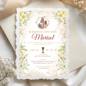 Invitación Primera Comunión Niña Editable | Invitacion Religiosa Clásica | Primera Comunion Floral | Descarga Digital Canva