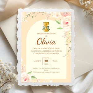 Editable First Communion Invitation for Girls | Classic Religious Invitation | Light Orange Floral First Communion | Canva Digital Download