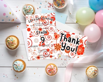Invito di compleanno e biglietto di ringraziamento a tema retrò Flower Power - Download digitale