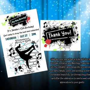 Könnte beinhalten: Digitales Geburtstagseinladungs- und Dankeskarten-Set mit Hip-Hop-Thema. Die Einladung zeigt eine Breakdance-Silhouette, Noten und den Text "Hip Hop Hooray!" und "Thank You!" auf weißem Hintergrund mit Graffiti-Akzenten.