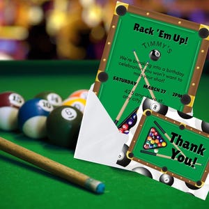 May include: A green pool table with billiard balls and a cue stick. A birthday party invitation with the text "Rack 'Em Up!" and "Thank You!" cards are displayed. The invitation includes the date, time, and location.