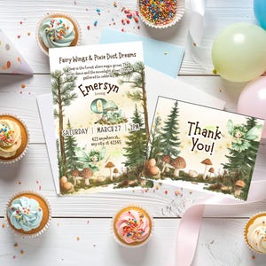 May include: A whimsical birthday party scene with cupcakes, balloons, and invitations. The invitations feature fairy illustrations and the text "Fairy Wings & Pixie Dust Dreams" and "Thank You!". Cupcakes with colorful sprinkles add to the festive atmosphere.