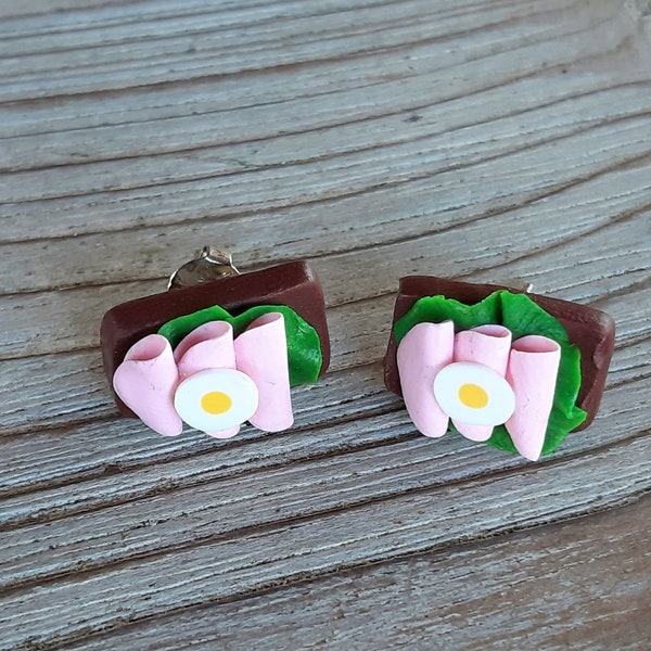 Ohrstecker  Ohrringe Fimo Brot  Schinken witziger Ohrschmuck handmodelliert Polymer Clay