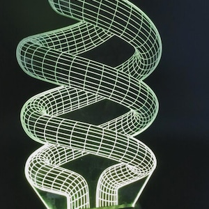 May include: A 3D-printed, abstract sculpture with a spiraling, grid-like design. The sculpture is illuminated with a soft green glow, creating a futuristic and artistic aesthetic. The base is black, and the overall height is approximately 10 inches.
