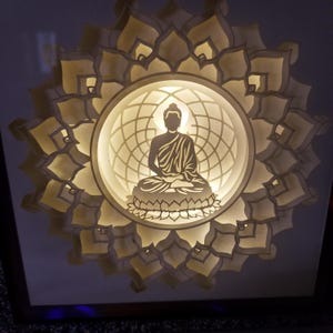May include: A layered paper art piece featuring a seated Buddha figure within a circular frame. The design includes a lotus flower base and a geometric background, all illuminated with a warm, soft light. The outer layer is a large, stylized lotus flower.