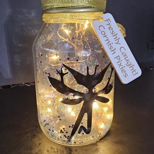 May include: A glass jar with a gold lid and a black silhouette of a pixie inside. The jar is filled with glitter and fairy lights. A tag reads "Freshly Caught! Cornish Pixies."