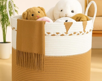 HOUNEX Panier à Linge en Corde de Coton Naturel – Tressé à la Main – Panier pour Jouets, Bébé, Rangement, Couvertures (Blanc/Camel)