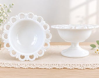 Vintage blanc lait verre piédestal bol coeur dentelle bordure bonbonnière Cottagecore décoration de ferme