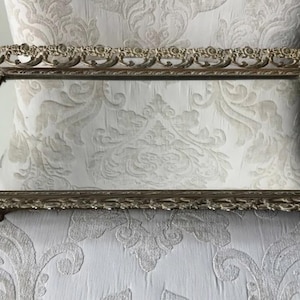 Vintage Rectangular Footed Vanity Mirror Tray Gold Metal Filigree with Velvet Bottom 15.5" x 10.25" x 1.25"