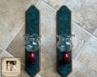 Vintage Set of Home Interiors Wooden Wall Sconce 15" Candle Holders With Clear Glass Votive Globes