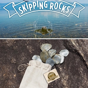 May include: Image of skipping rocks. The top image shows a rock skipping on water with the text "FIELDS'-X-STREAM SKIPPING ROCKS". The bottom image shows a beige drawstring bag with a tag that reads "FIELDS'-X-STREAM SKIPPING ROCKS" and a pile of gray skipping rocks.