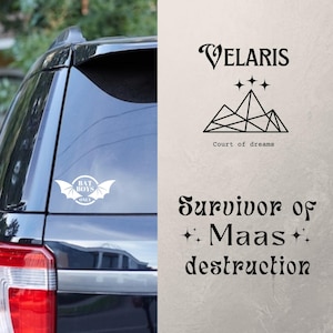 May include: White vinyl car decal featuring the text "BAT BOYS ONLY" inside a circle with bat wings. The image also includes the text "VELARIS" above a mountain graphic and the words "Court of dreams". Below is the text "Survivor of Maas destruction".