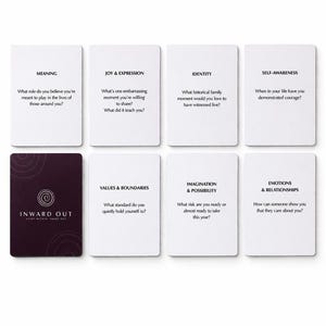 Peut inclure: Un ensemble de cartes blanches avec du texte noir, proposant des questions de r&eacute;flexion personnelle. Les cartes abordent des th&egrave;mes tels que "Sens," "Joie & Expression," et "&Eacute;motions & Relations." Une carte violet fonc&eacute; avec le texte "INWARD OUT" est &eacute;galement pr&eacute;sente.