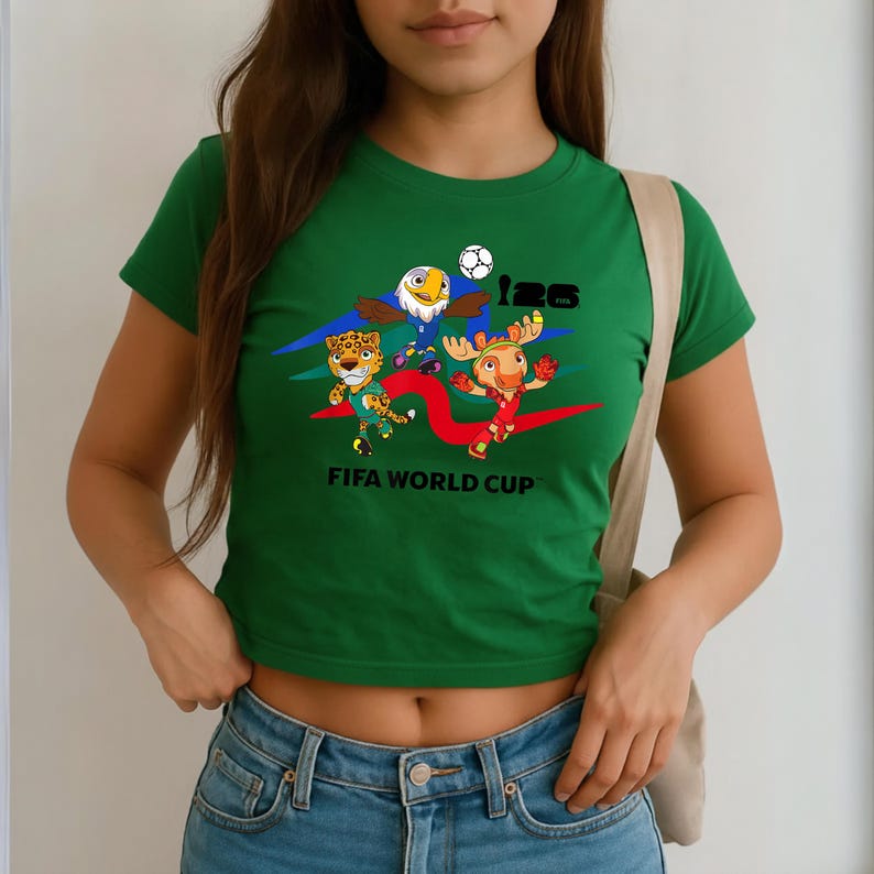 May include: A green short-sleeved t-shirt featuring a graphic print of three cartoon characters, a soccer ball, the text 26, and the text FIFA WORLD CUP. The design includes abstract blue and red brushstroke shapes behind the characters.