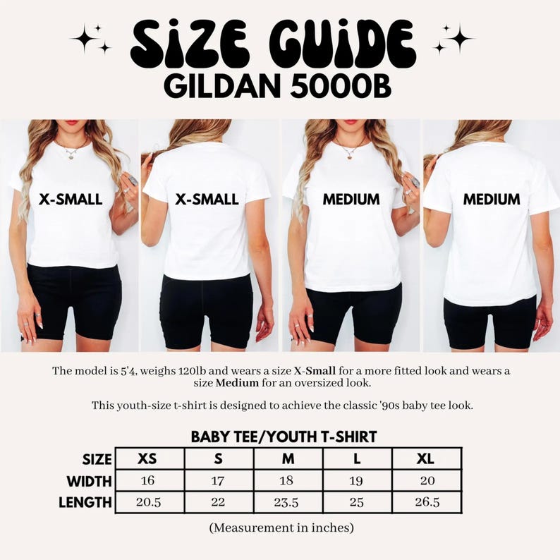 May include: A Gildan 5000B youth t-shirt size guide featuring white t-shirts on a model. The text reads SIZE GUIDE GILDAN 5000B, X-SMALL, MEDIUM, and BABY TEE/YOUTH T-SHIRT. A table displays width and length measurements in inches for sizes XS to XL.