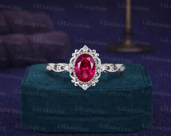 Oval cut red ruby engagement ring Moissanite cluster ring Solid yellow gold bridal ring July birthstone gemstone ring Anniversary gifts