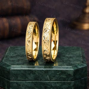 14k Gold Ring Hand-carved Pattern Wedding Band Delicate Dainty Ring Anniversary Gifts for Couple Promise Ring Nature Inspired Leaf Ring