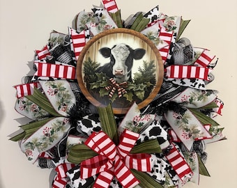 Farmhouse Christmas Cow Wreath | Highland Cow Holiday Door Wreath | Rustic Christmas Decor | Red Stripe & Cow Print Front Door Wreath