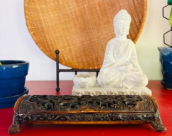 Vintage Chinese Carved Incense Box | Pierced Wood & Resin Mahogany Finish | Lidded Incense Stick or Trinket | Asian Zen Decor | 11" Wide