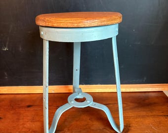 Vintage Cast Iron Oak Milking Stool | Farmhouse Barn Accent Decor