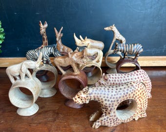 Vintage Hand Carved Safari Animal Napkin Rings | Set of 11 Wooden Napkin Holders | African Wildlife Table Decor | Zebra Giraffe Rhino