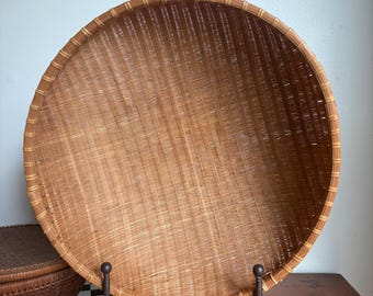 Vintage Rice Winnowing Basket Large Round Woven Bamboo Tray Asian Grain Basket Boho Wall Decor