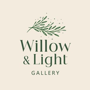 May include: Logo for Willow & Light Gallery. The logo features a green botanical illustration of a sprig with leaves and stars above the words "Willow & Light" in a serif font. Below, the word "GALLERY" is in a sans-serif font.