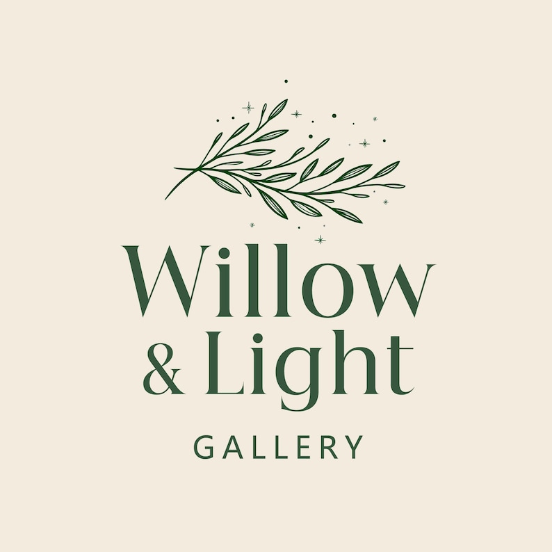 May include: Logo for Willow & Light Gallery. The logo features a green botanical illustration of a sprig with leaves and stars above the words "Willow & Light" in a serif font. Below, the word "GALLERY" is in a sans-serif font.
