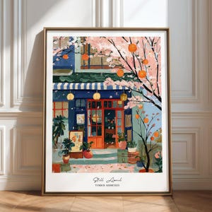 Japanese style café street art print with cherry blossom tree
and paper lanterns, colourful spring wall art poster