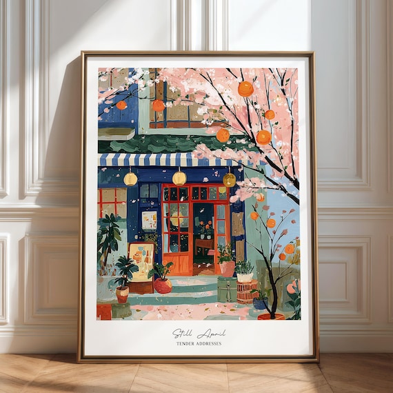 Japanese Café Cherry Blossom Wall Art, Spring Sakura Street Print