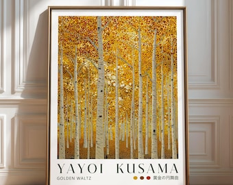 Yayoi Kusama Inspired Print, Golden Birch Forest Wall Art, Autumn Polka Dot Exhibition Poster, Museum Quality, Japanese Home Decor