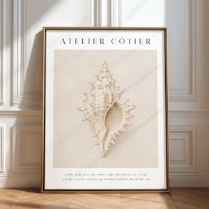 Può includere: Una stampa artistica incorniciata che presenta l'immagine centrale di una conchiglia testurizzata color crema su uno sfondo beige con un sottile motivo a onde. Il testo ATELIER CÔTIER appare in alto e una frase poetica è stampata in basso.