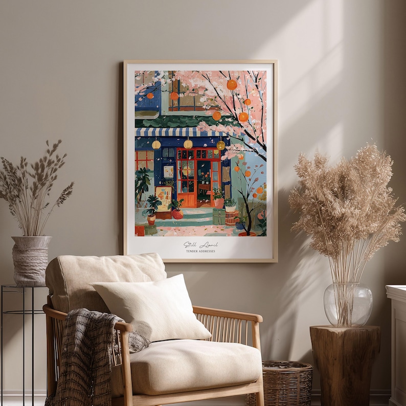 Japanese Café Cherry Blossom Wall Art, Spring Sakura Street Print image 2