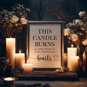 May include: A framed sign reading "THIS CANDLE BURNS IN LOVING MEMORY OF THOSE FOREVER IN OUR hearts". The scene includes lit candles, floral arrangements, and decorative items, evoking a sense of remembrance and warmth.