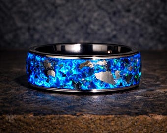 Anillo de meteorito Celestium Nova – Meteorito Muonionalusta, ópalo etíope y anillo galaxia de ópalo negro / Anillo de tungsteno cósmico / Joyería espacial