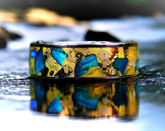 Anillo de meteorito de oro de 24 quilates - Banda de tungsteno y titanio con ojo de tigre azul