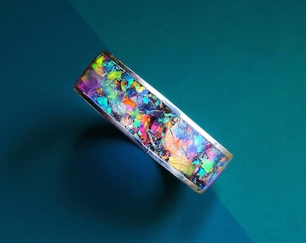 Anillo de tungsteno con polvo de meteorito • Incrustación de cristal de ópalo, joyería cósmica